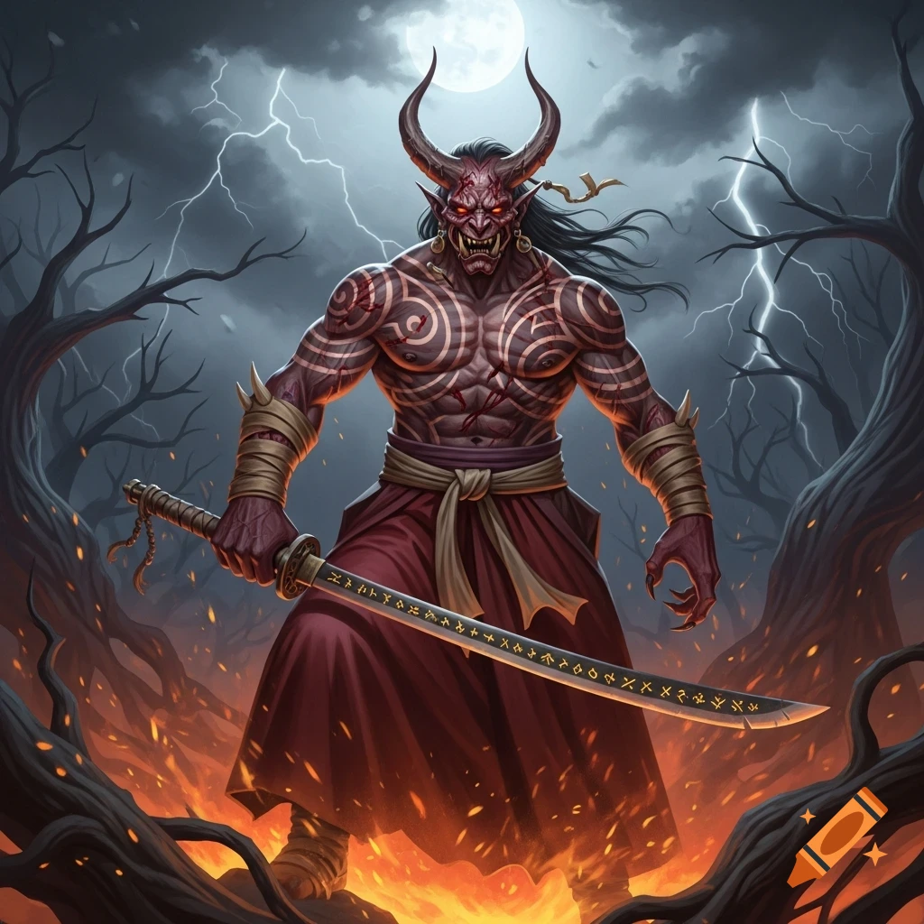 An intimidating oni warrior, with red skin, horns, and glowing red eyes, stands amid fire with a sword under a stormy, moonlit sky.