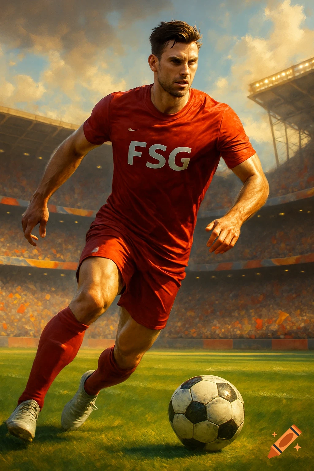 A photorealistic image of a male soccer player in a red jersey with 'FSG' on it, dribbling a ball on a green field in a stadium.