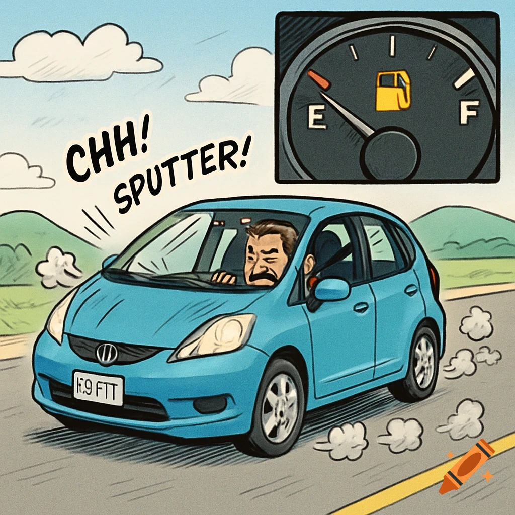 Comic illustration of an annoyed driver in a blue Honda Fit running out of gas, with 'CHH! SPUTTER!' sound effects and an empty fuel gauge.