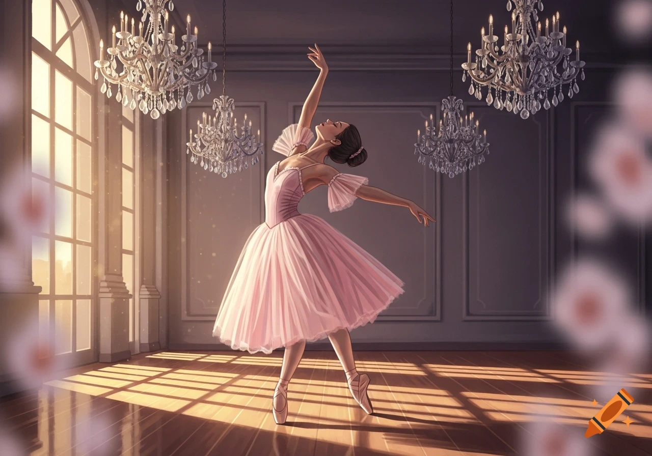 A ballerina in a pink tutu dances gracefully in an elegant room with chandeliers and sunlit windows, detailed illustration style.