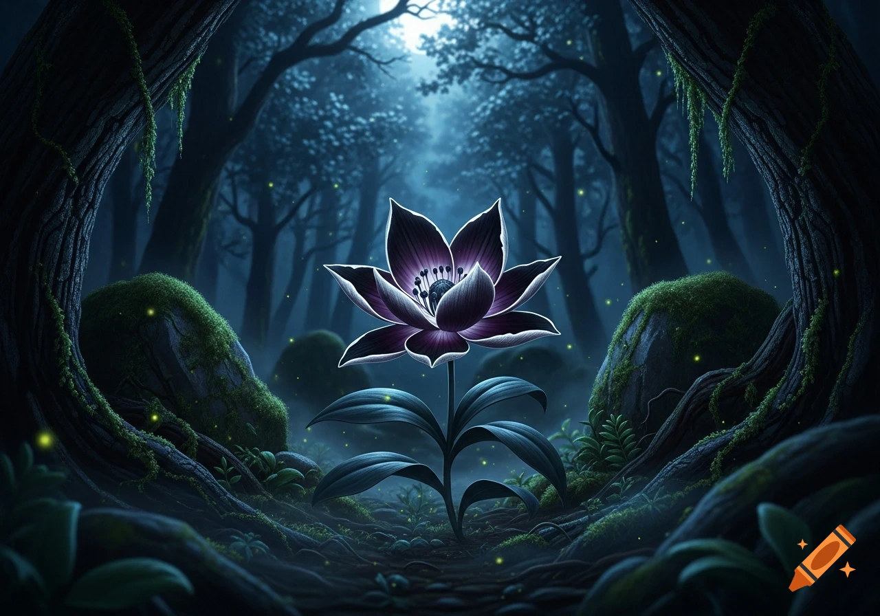 A glowing dark purple flower with white edges stands centered in a mystical, dark forest with mossy trees and firefly-like specks.