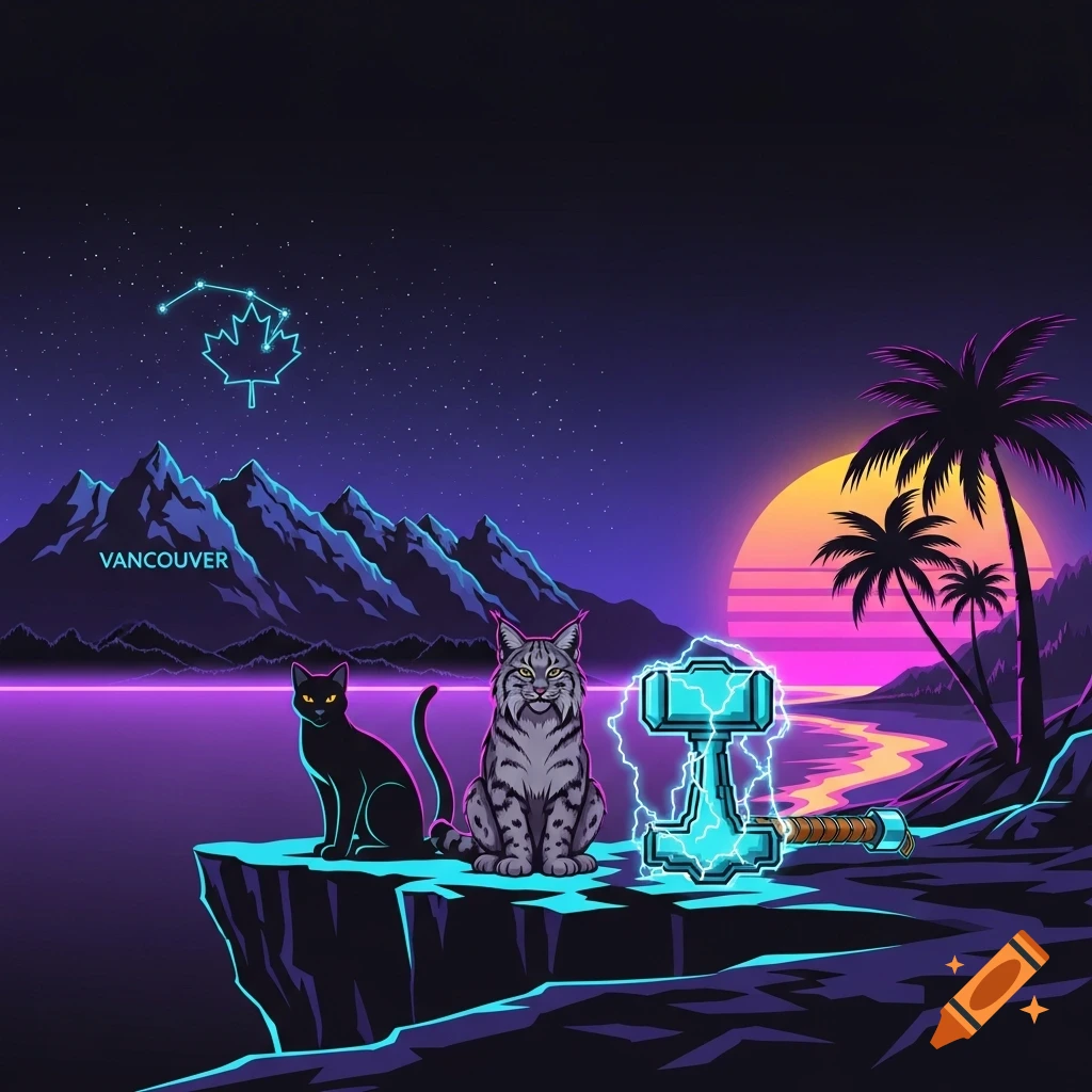 A vaporwave landscape with a black cat, bobcat, and Thor's hammer on a cliff, against neon mountains and a sunset with palm trees.