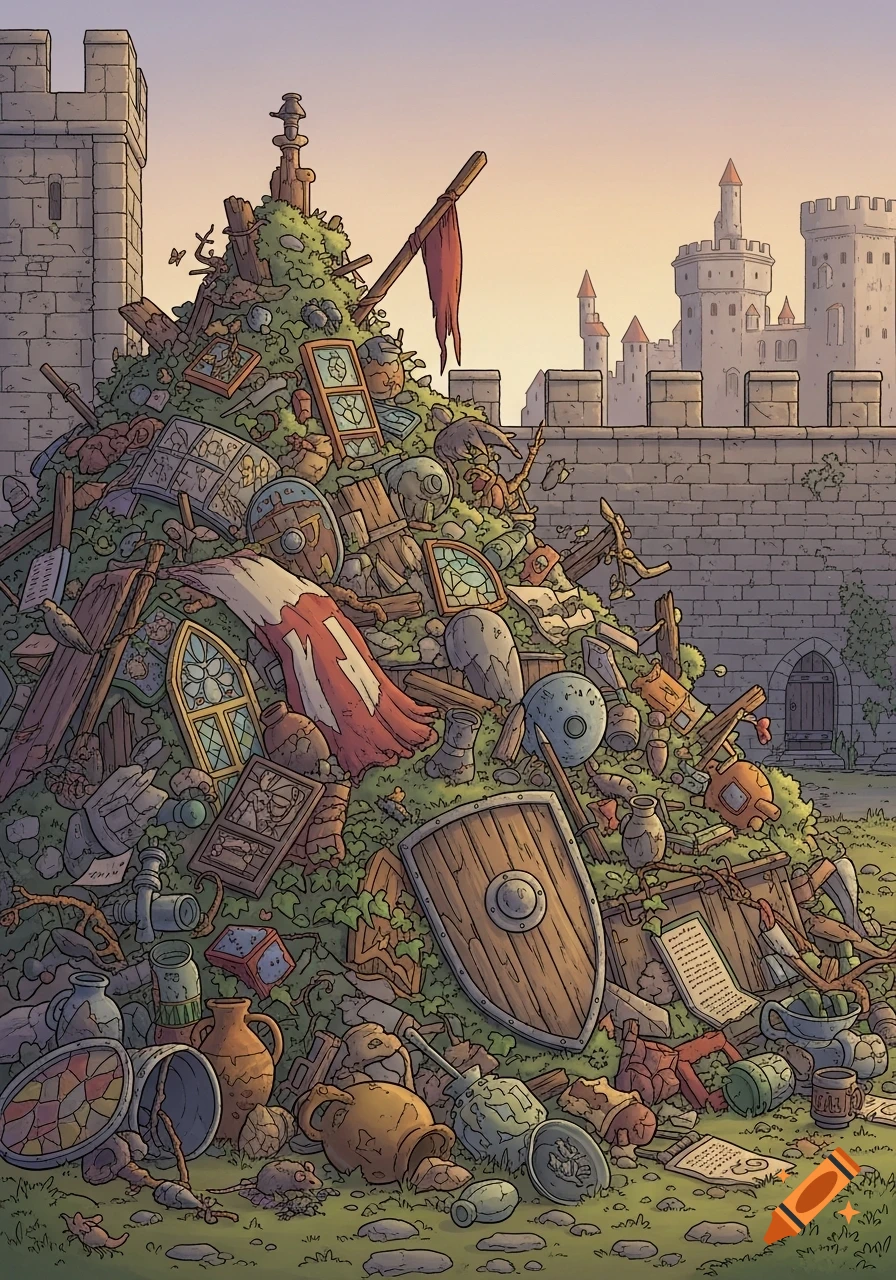 A detailed cartoon illustration of a large medieval rubbish heap outside a stone castle wall at sunset.
