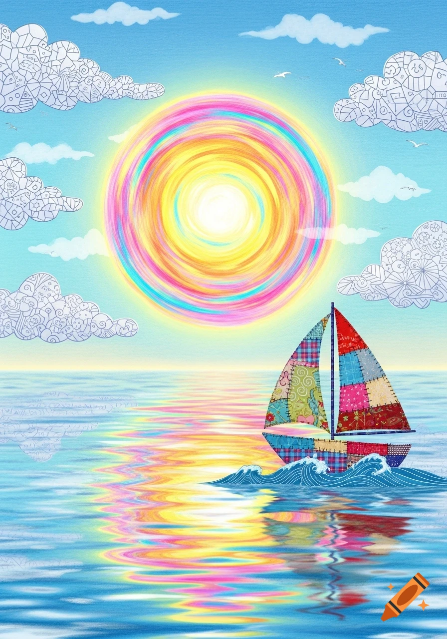 A vibrant, surreal drawing of a patchwork sailboat on a reflective ocean, beneath a swirling rainbow sun and doodle-filled clouds.