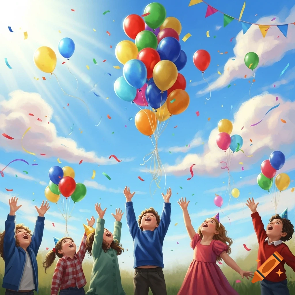 Happy children with arms raised, surrounded by colorful balloons and falling confetti against a bright blue sky.