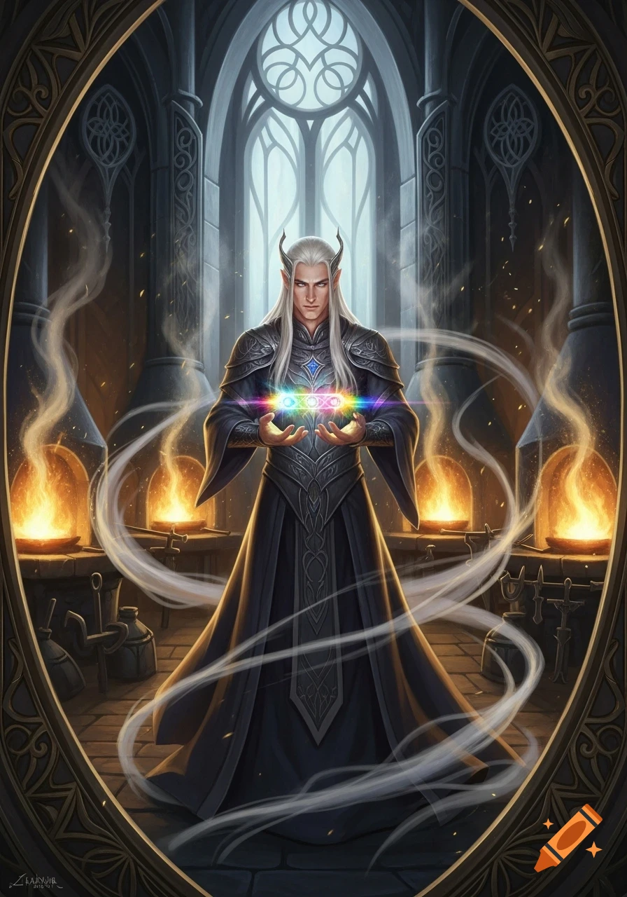 A pale-skinned male elf with white hair and small horns, clad in dark ornate armor and robes, holds glowing rainbow orbs in a gothic forge.