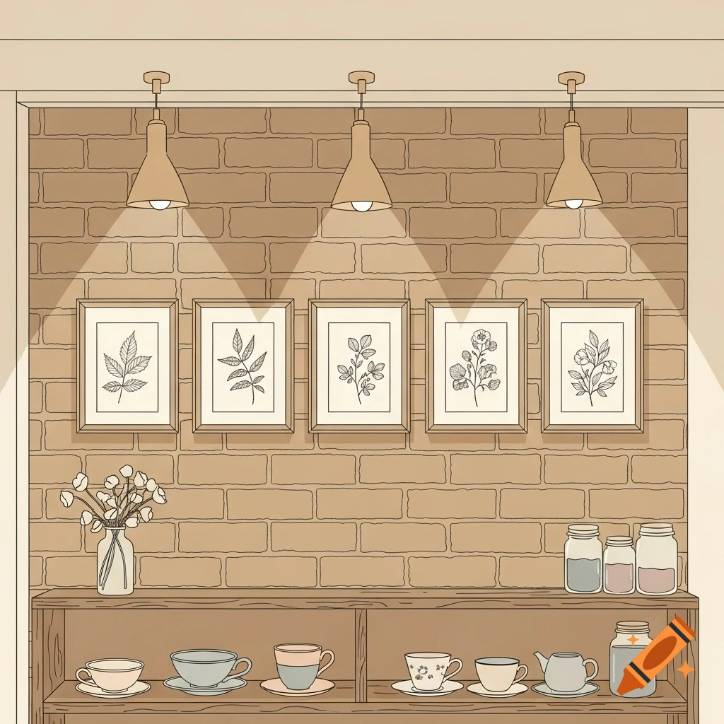 A minimalistic illustration of a cozy cafe interior with a brick wall, five framed botanical art prints, and a shelf displaying teacups, flowers, and jars.