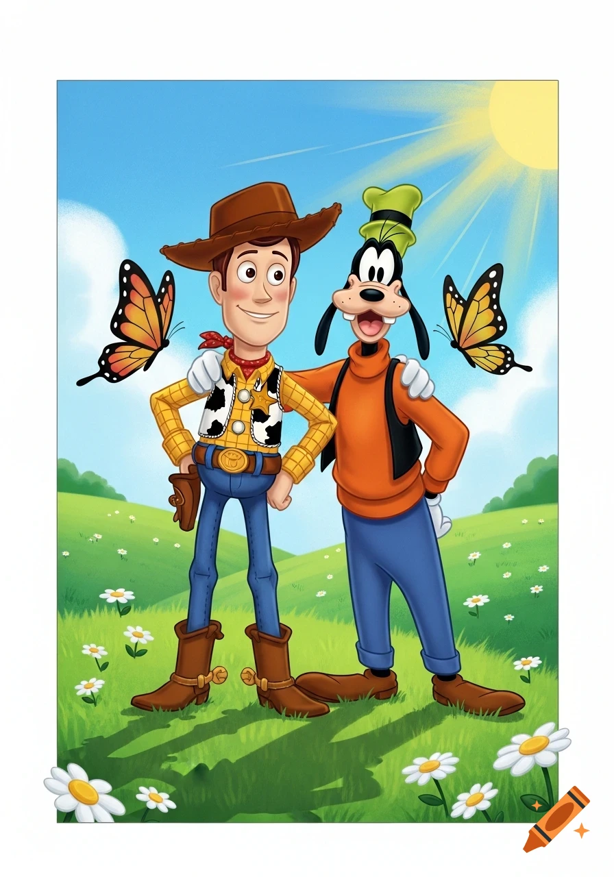 Cartoon illustration of Woody the cowboy and Goofy the dog standing in a sunny green field with butterflies and daisies.
