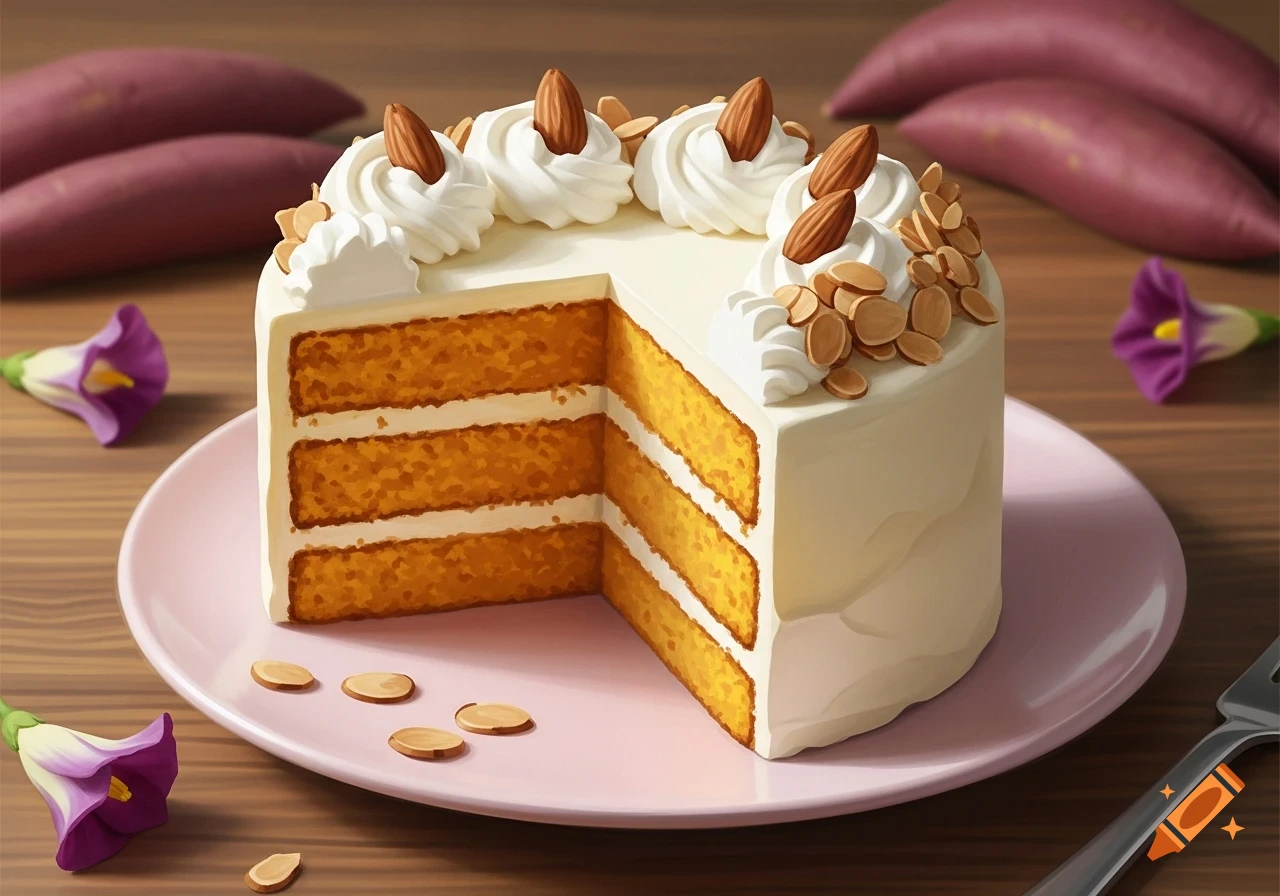 A slice removed from a carrot or sweet potato cake with white frosting and topped with almonds, on a pink plate with purple flowers and sweet potatoes in the background.