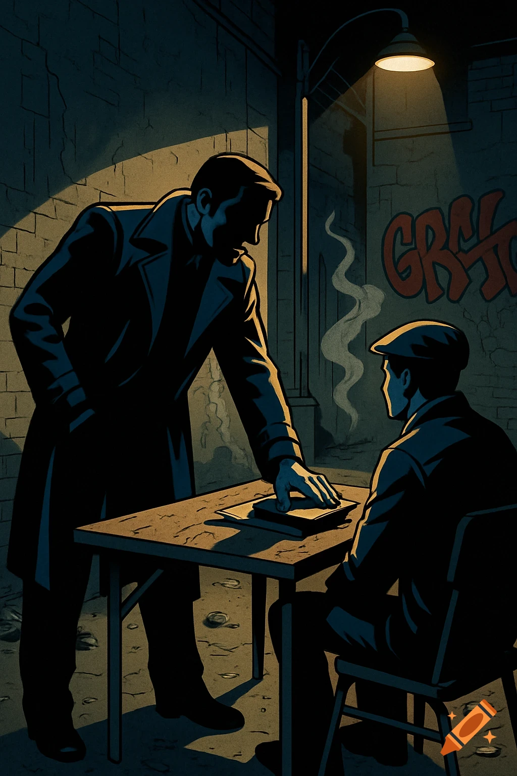 Graphic novel style scene with a man in a trench coat leaning over another man seated at an alley table under a dim streetlight.
