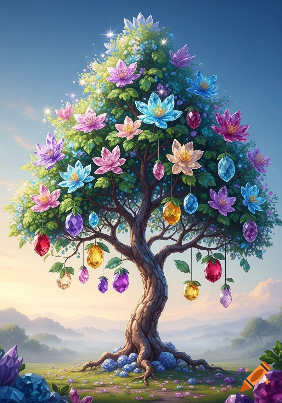 A vibrant fantasy tree with crystal flowers and hanging crystal fruit stands in a lush, sparkling landscape under a blue sky.