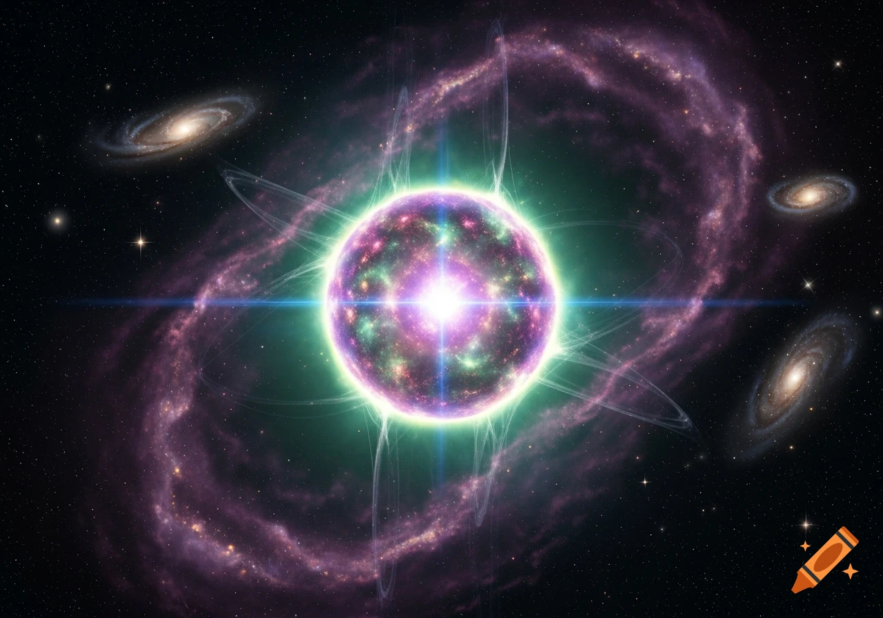 A vibrant, glowing spherical celestial body with rings and light rays, surrounded by purple nebulae and spiral galaxies in dark space.