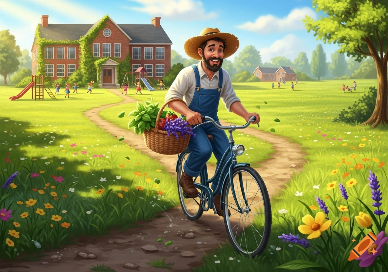 A smiling gardener rides a bike with a basket of fresh produce past a school and playing children in a vibrant, sunny, cartoon landscape.