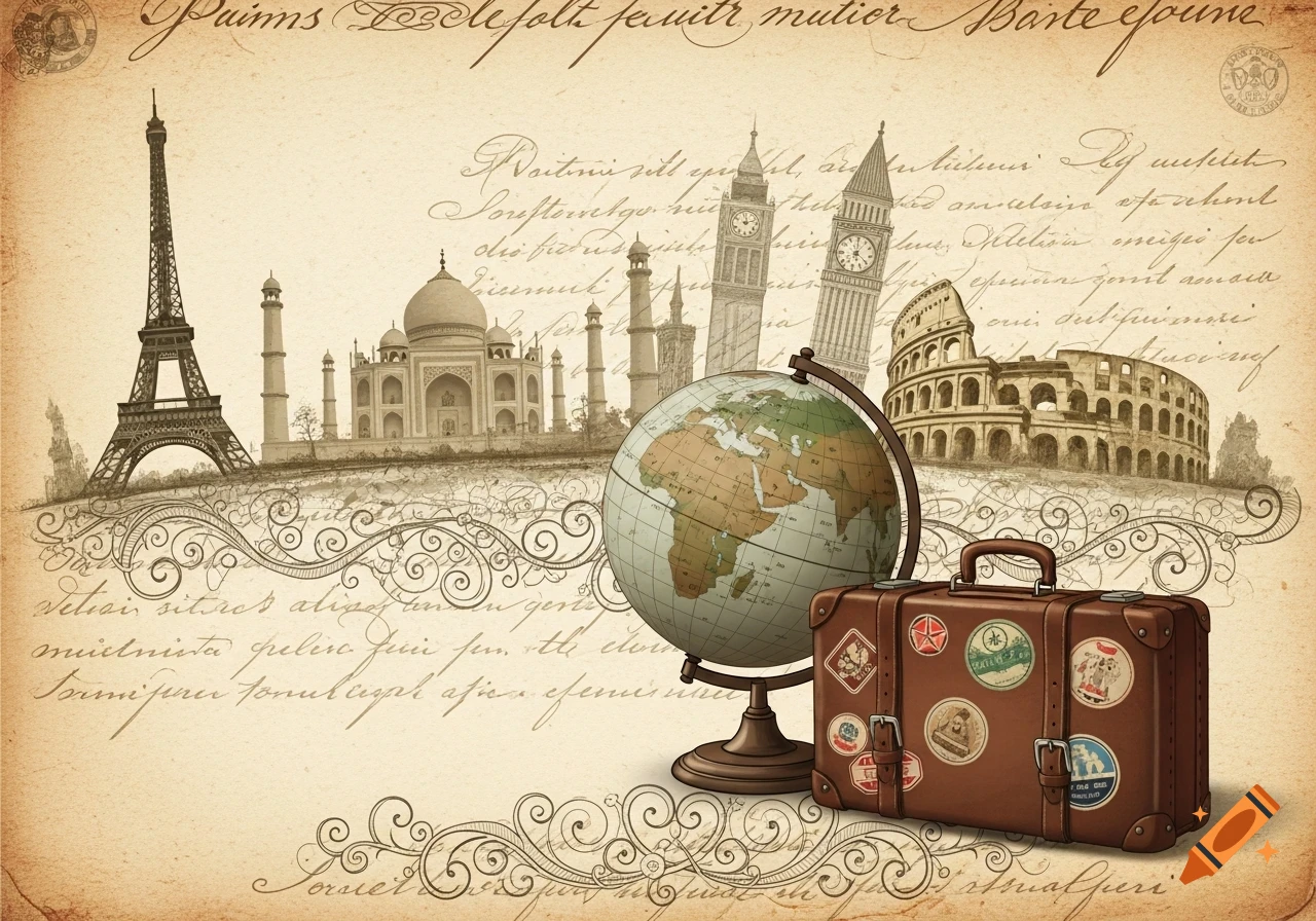 Vintage illustration on aged paper showing a globe, a brown suitcase with travel stickers, and outline drawings of famous world landmarks like the Eiffel Tower, Taj Mahal, Big Ben, and the Colosseum, with decorative script in the background.