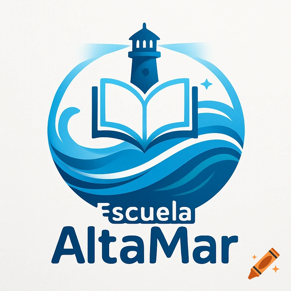 A blue logo with a lighthouse, an open book, and stylized waves inside a circle, with the text "Escuela AltaMar" below.