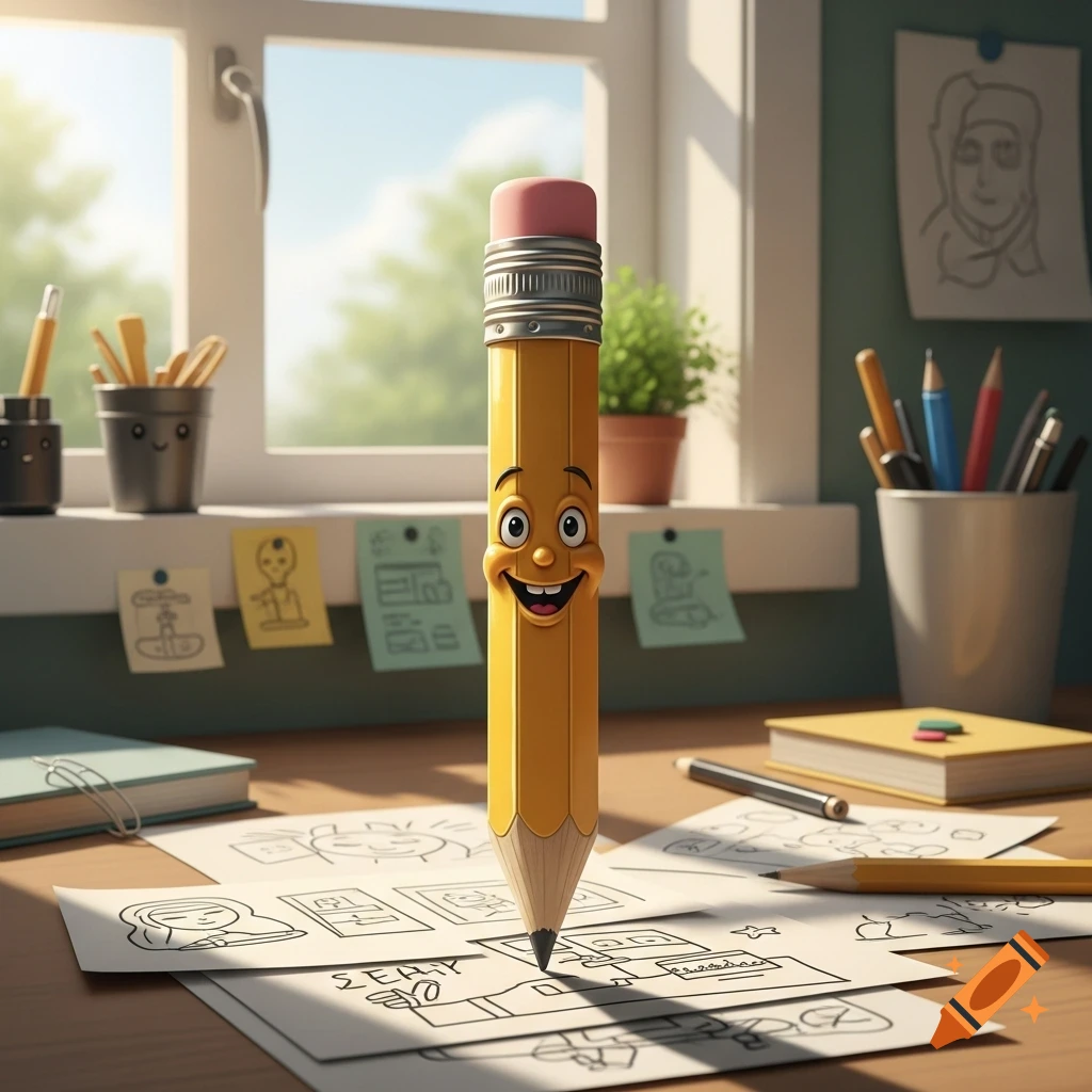 A large yellow pencil with a smiling cartoon face stands on a desk amidst drawings and art supplies, with a window and trees in the background.
