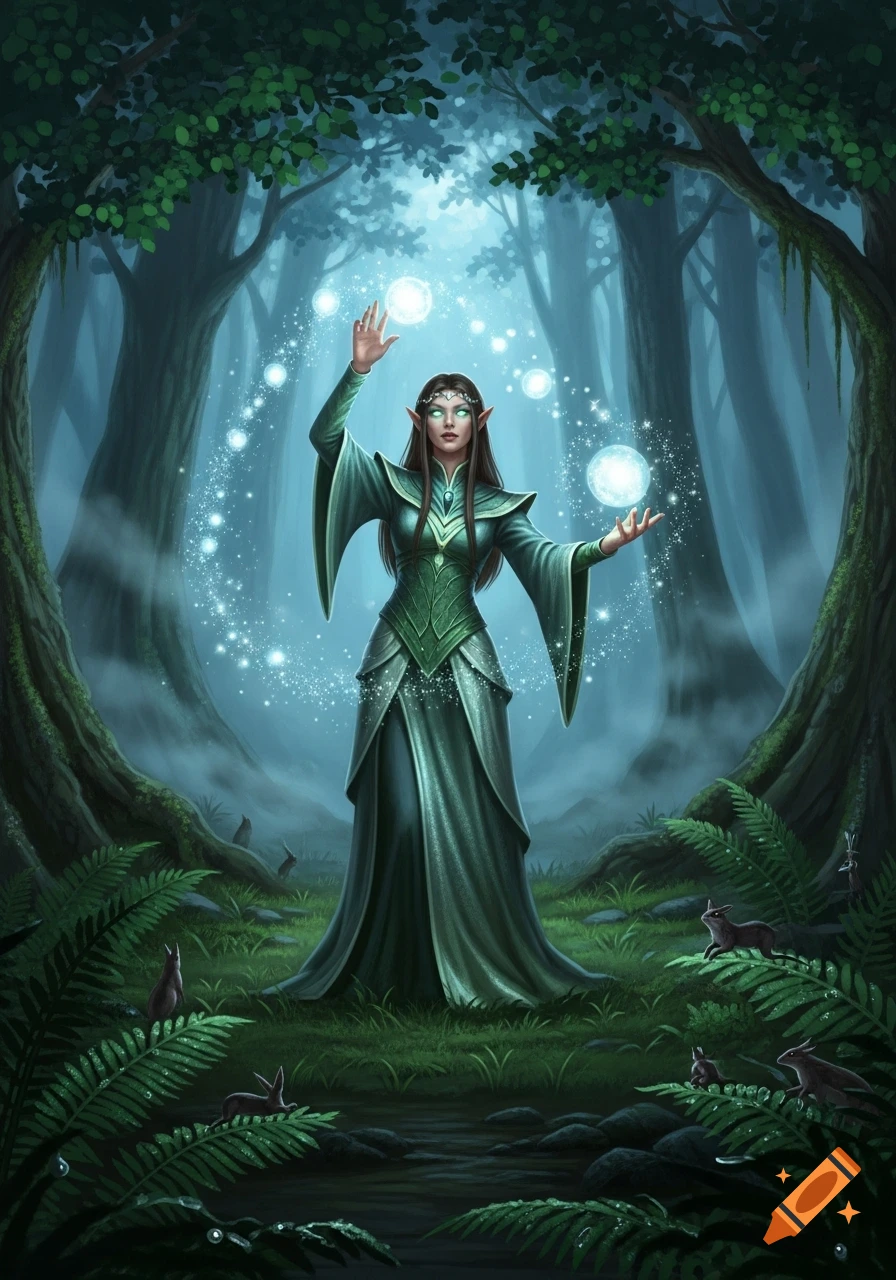 A female elf in a green gown stands in a mystical forest, conjuring glowing orbs with her hands.