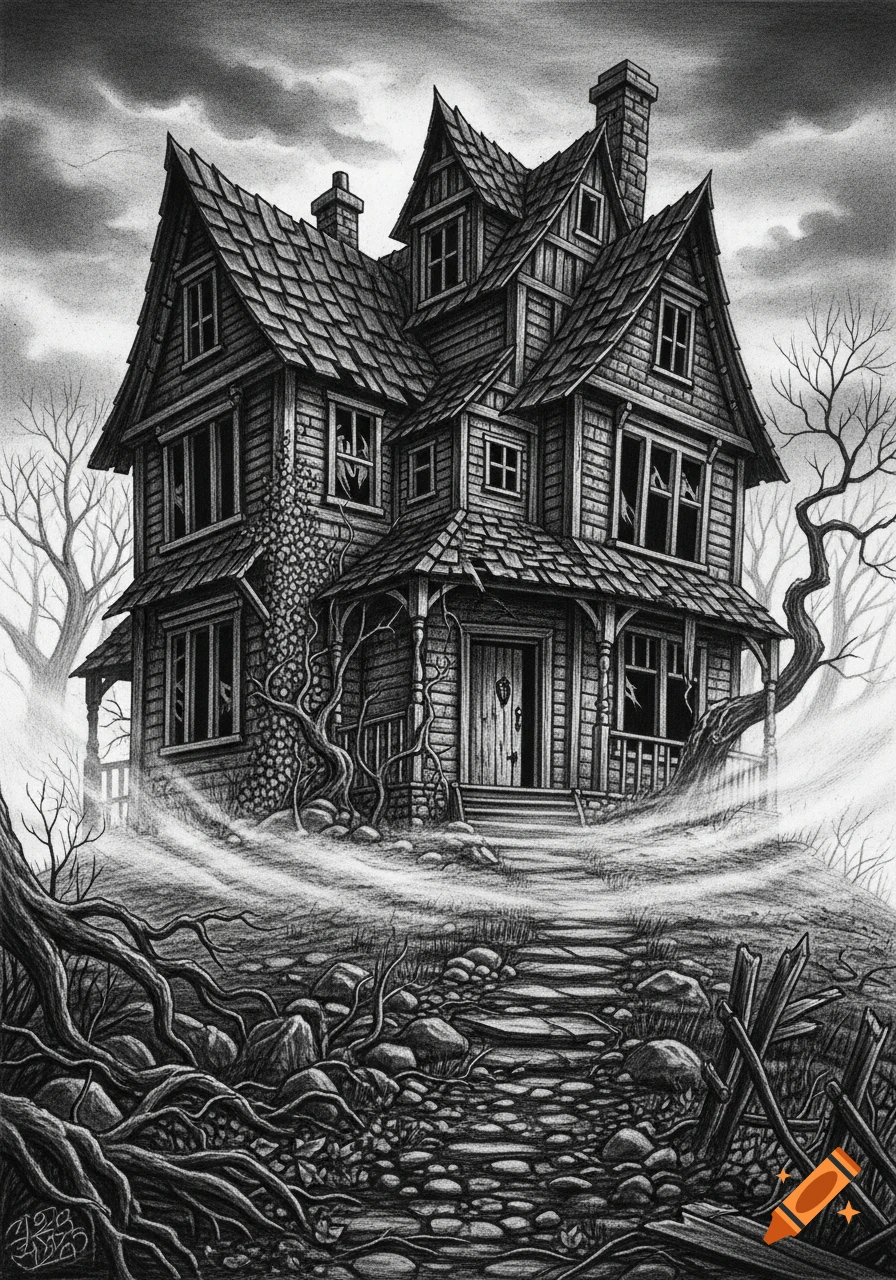 A detailed black and white drawing of a spooky, multi-storied Victorian house with broken windows and gnarled trees, enveloped in fog.