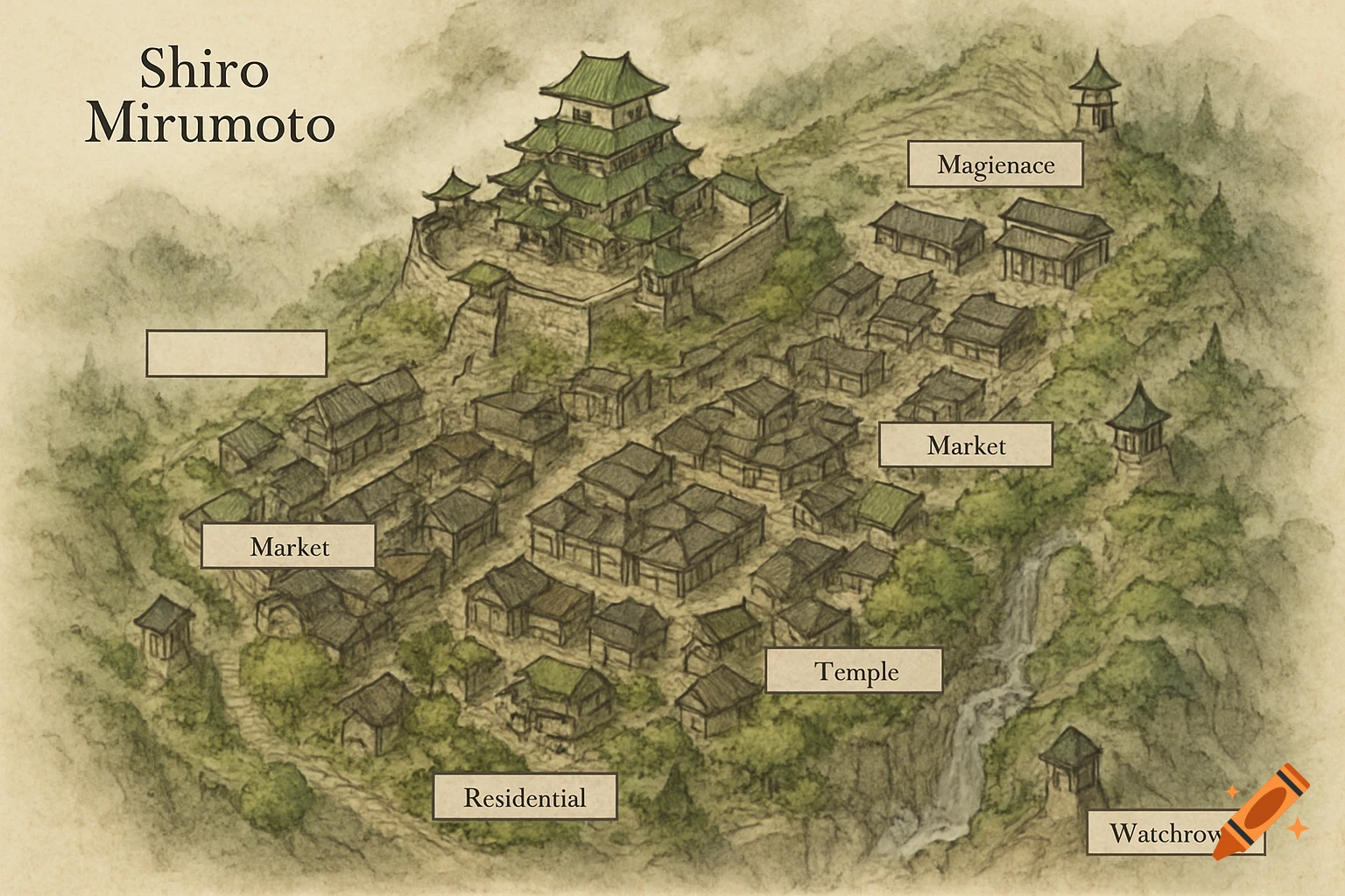 Detailed ink-and-watercolor map of a Japanese mountain fortress-city named Shiro Mirumoto, featuring a castle, residential areas, markets, a temple, and watchtowers among misty peaks.