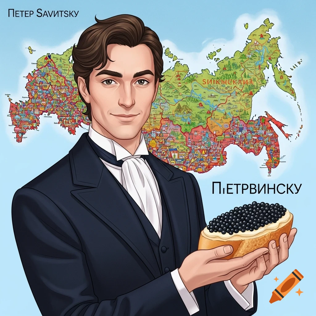 A digital illustration of a man named Peter Savitsky, smiling and holding a caviar sandwich against a colorful map of Russia.