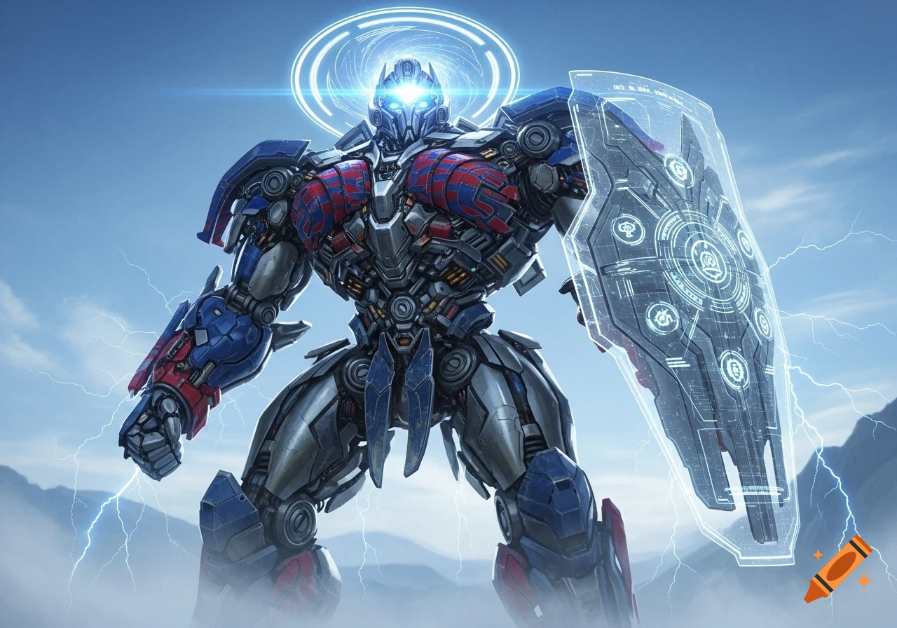 A powerful, detailed Optimus Prime-like robot with glowing eyes and an energy halo holds a futuristic shield, with lightning in a blue sky.