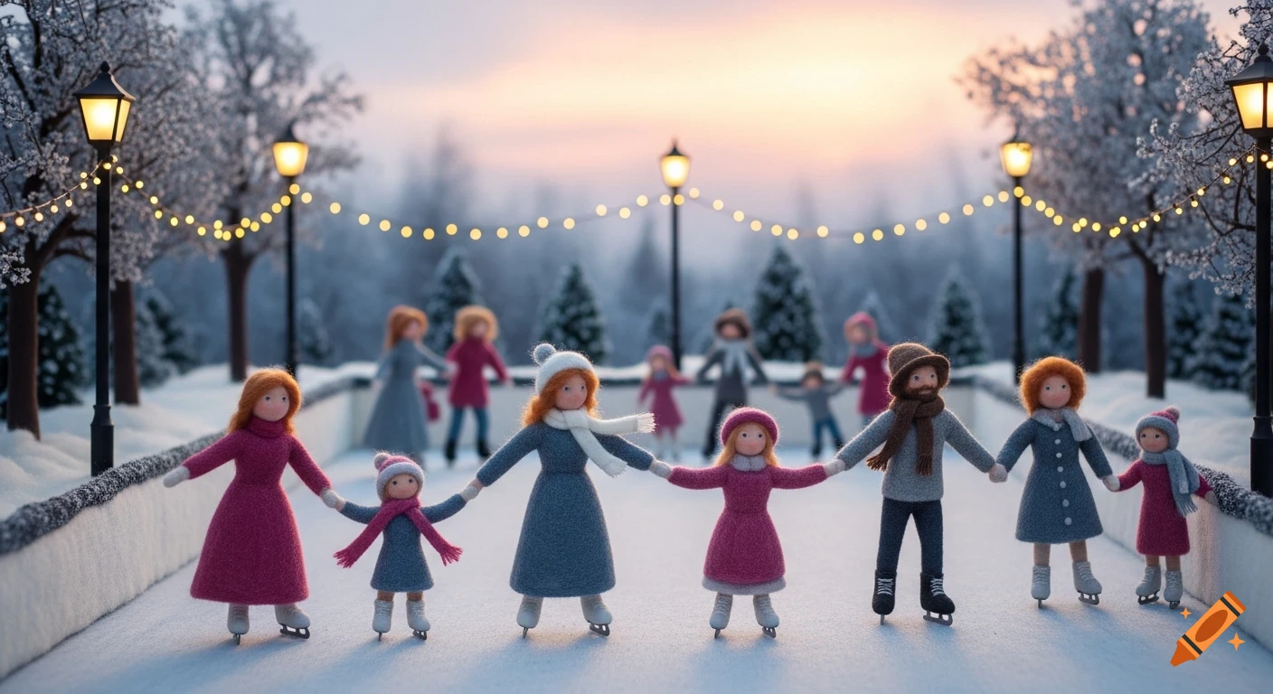 Felted wool figures ice skating on an outdoor rink in a snowy park at twilight, with warm glowing street lamps.