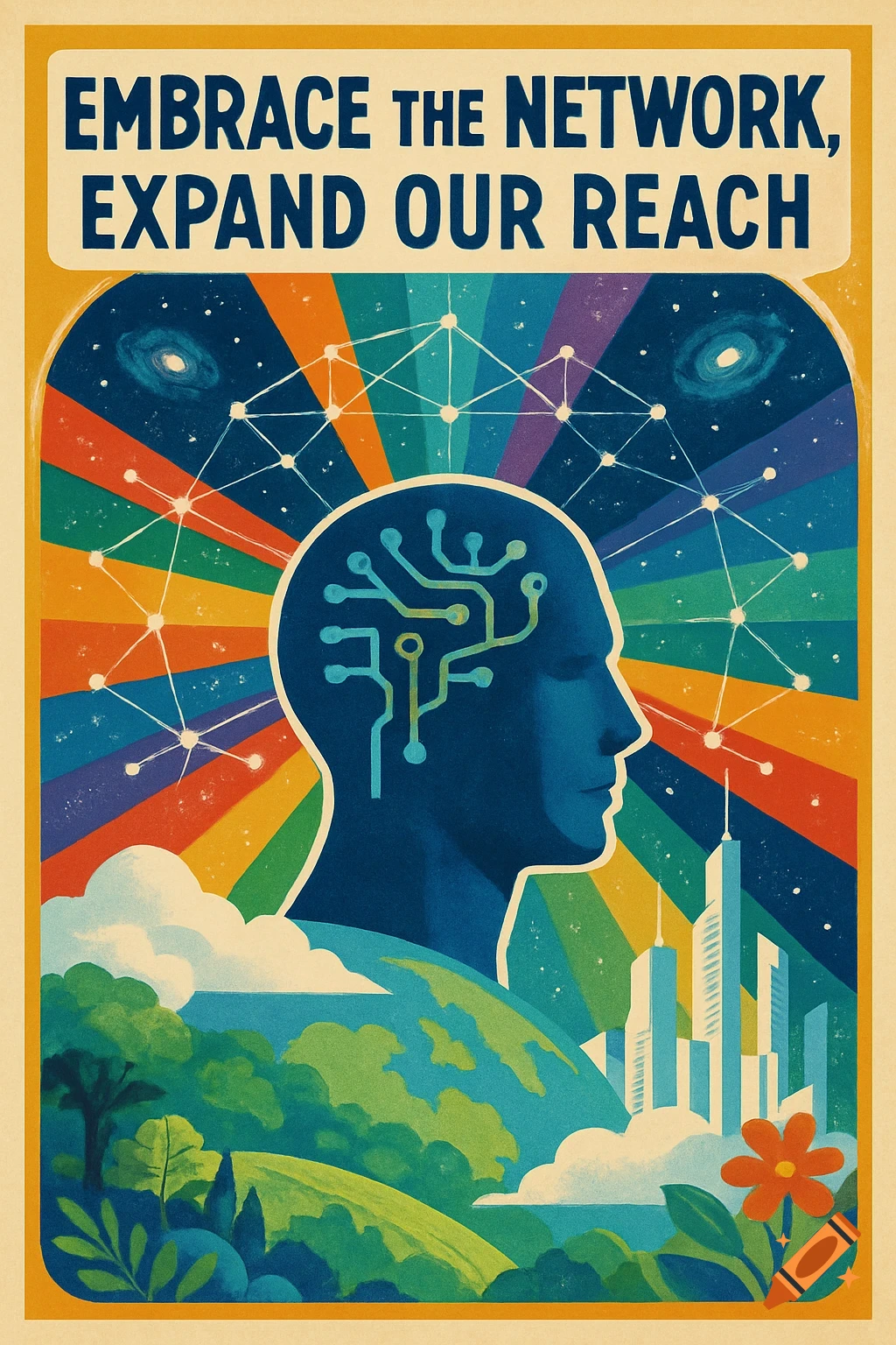 Retro-futuristic propaganda poster with a blue head, internal circuits, rainbow rays, Earth, city, and text: 'EMBRACE THE NETWORK, EXPAND OUR REACH'.