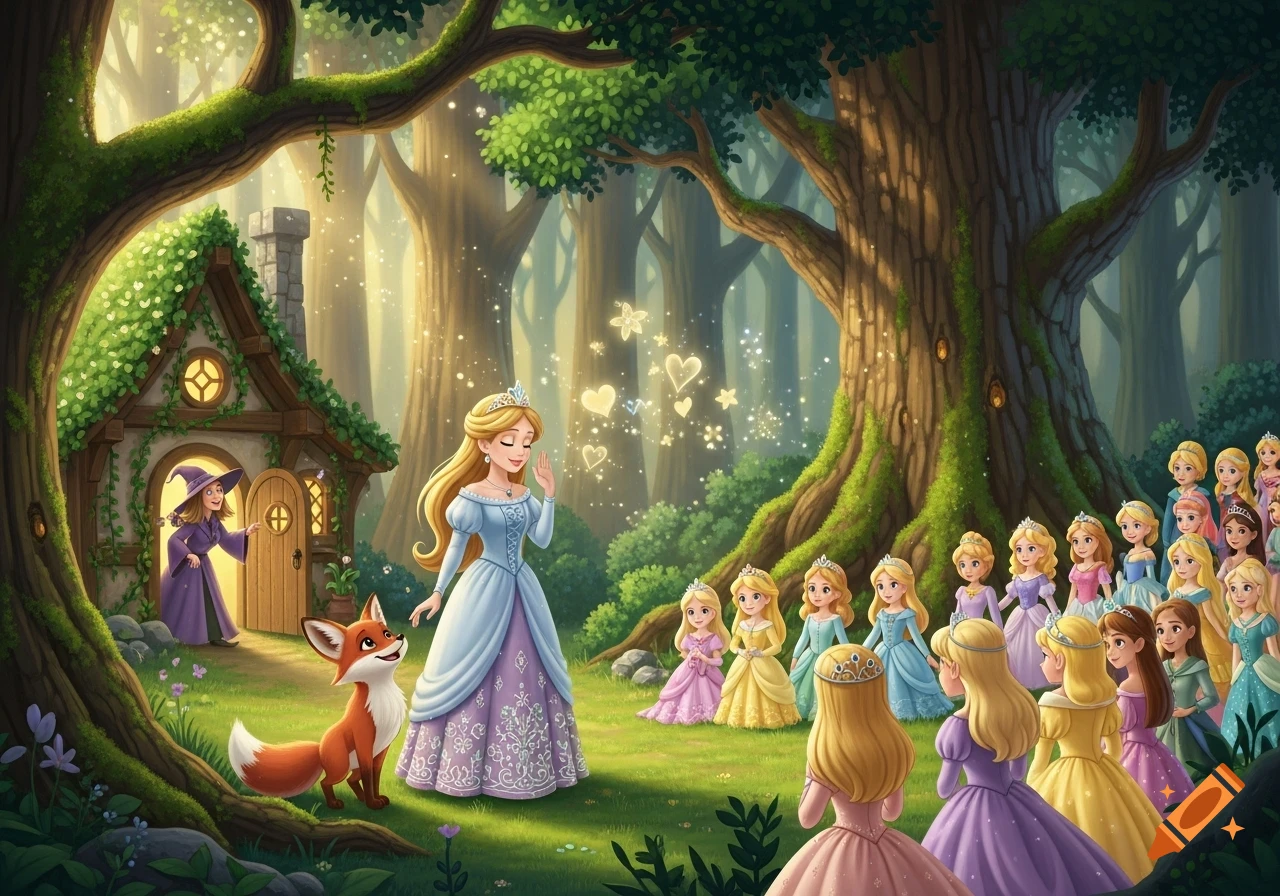 A princess, a fox, and a witch at a cottage in an enchanted forest, with many other princesses gathered, illustration.