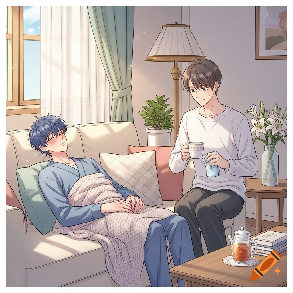 An anime illustration of a blue-haired man resting on a couch under a blanket, while a brown-haired man offers him a mug and cloth, in a cozy living room.