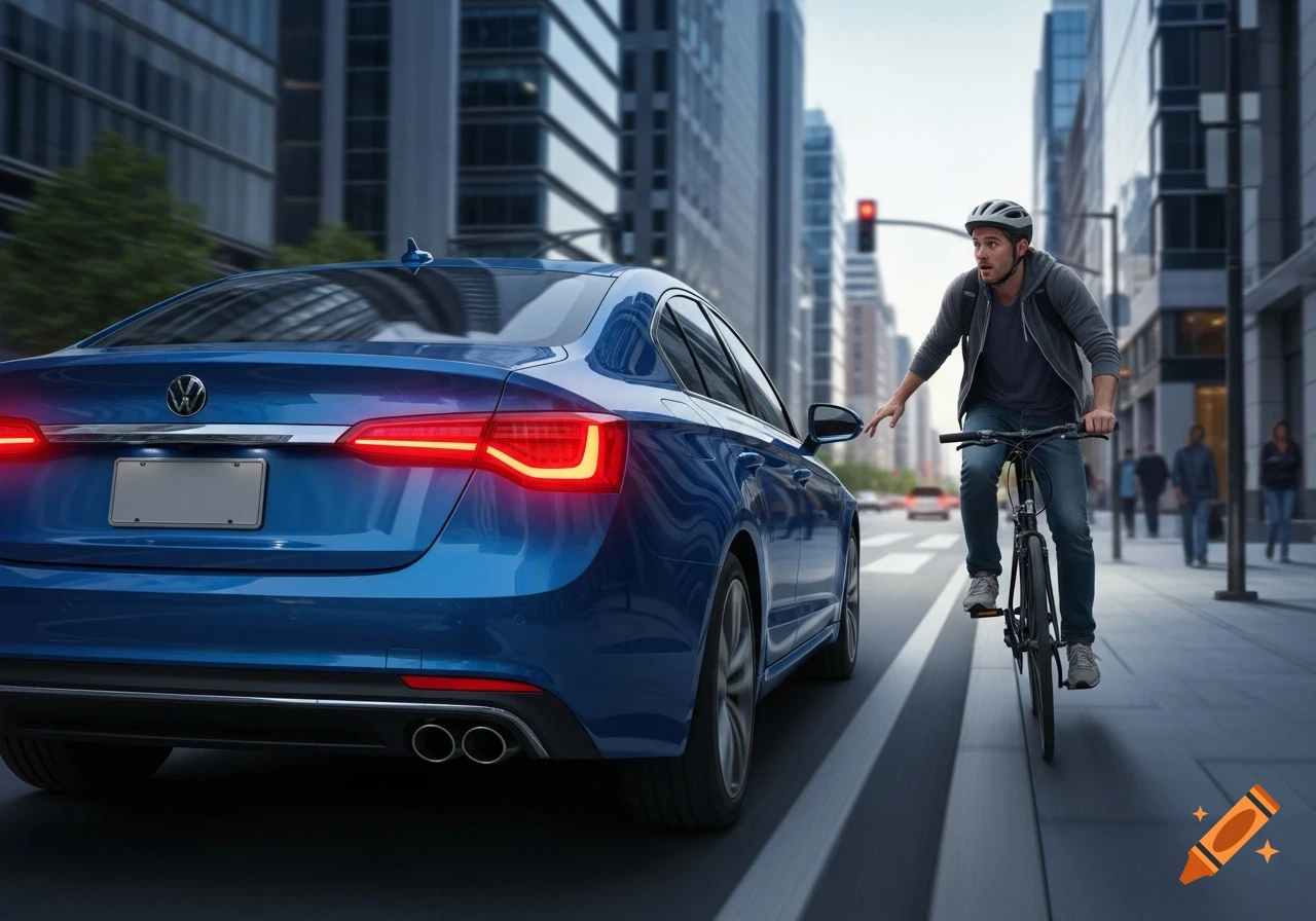 A blue car with glowing red taillights appears to back up towards a startled man on a bicycle in a city street.