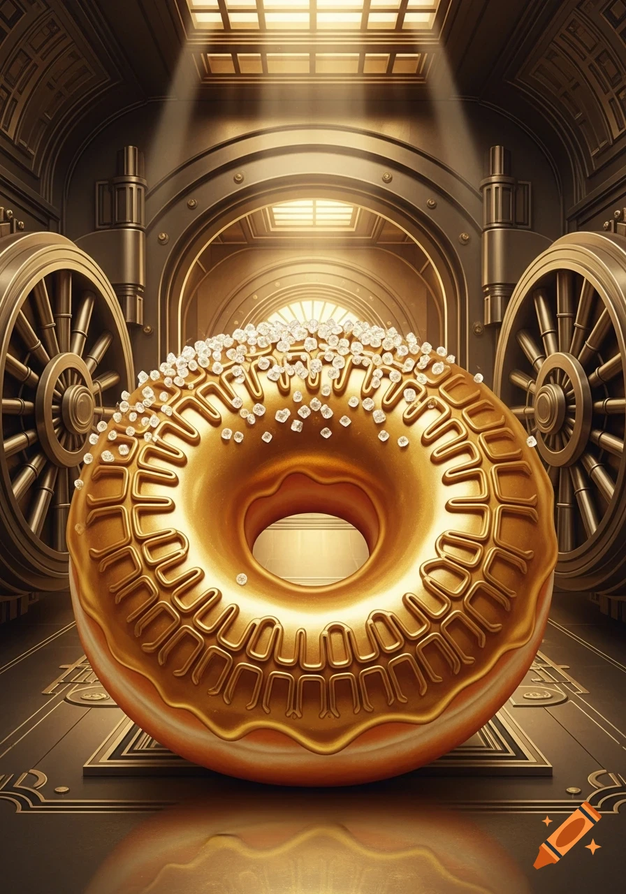 Luxurious golden donut with sparkling crystals sits inside a grand, ornate gold vault with light streaming in.