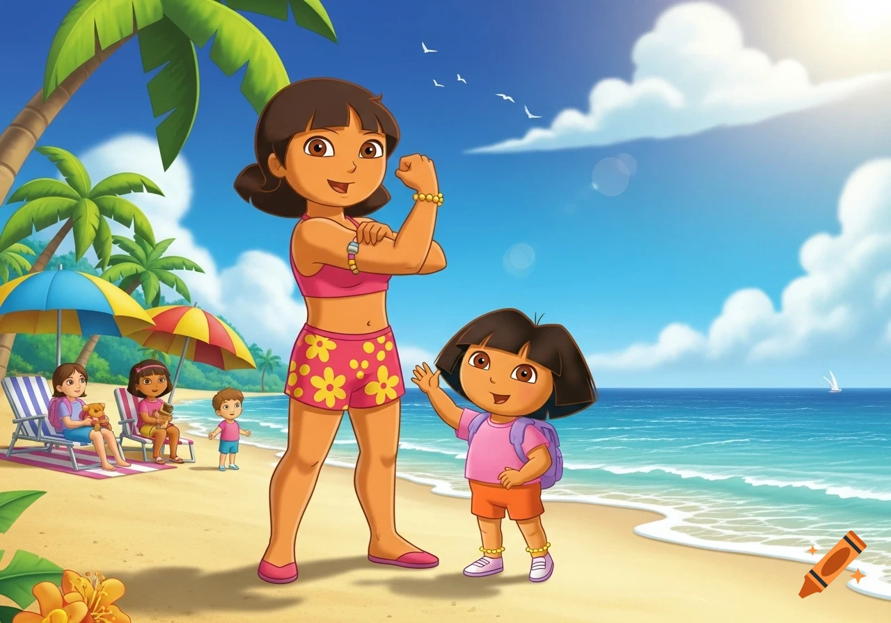 Dora the Explorer and her Mami at the beach. Mami flexes her bicep while Dora waves.