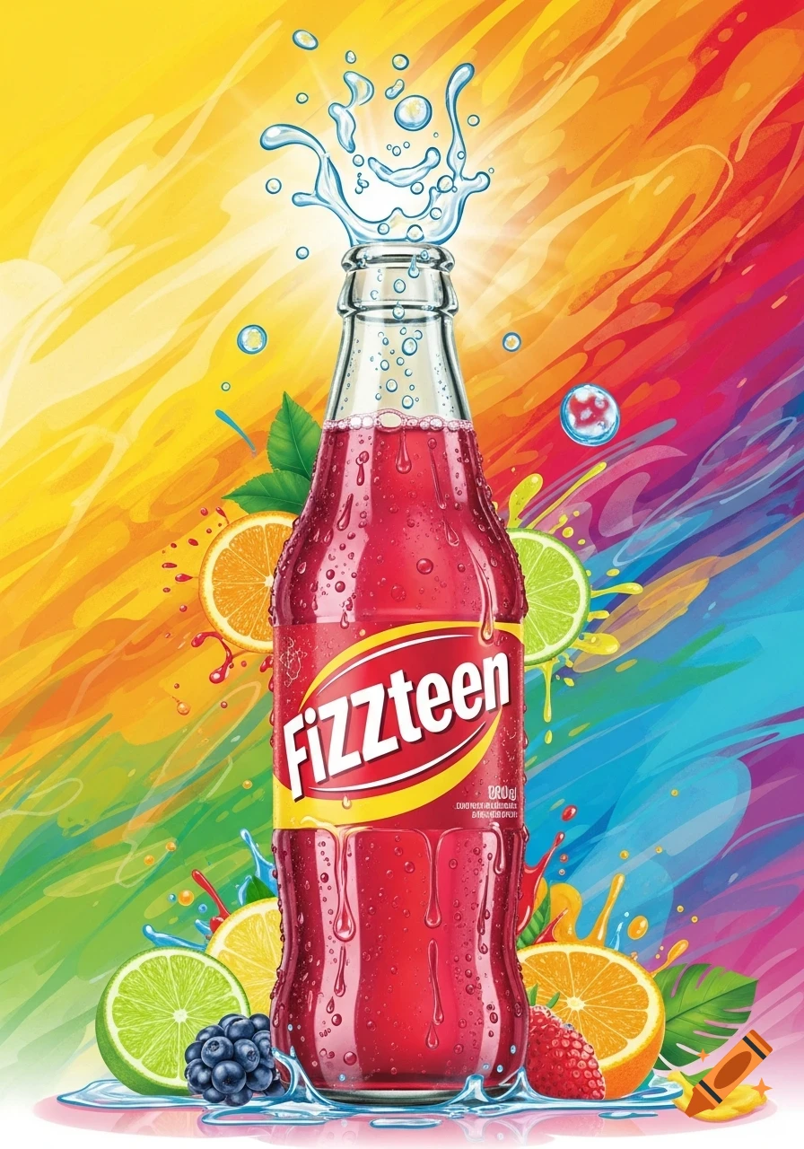 Vibrant illustration of a 'FIZZteen' soda bottle splashing with water, surrounded by various fruits on a colorful background.