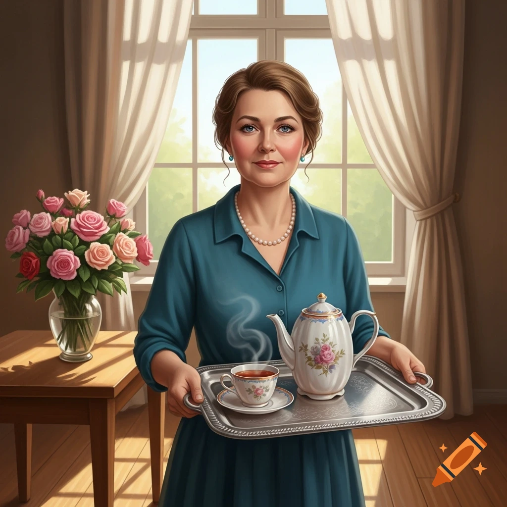 A woman in a blue dress holds a silver tea tray with a teacup and teapot in a room with a window and a vase of pink roses.