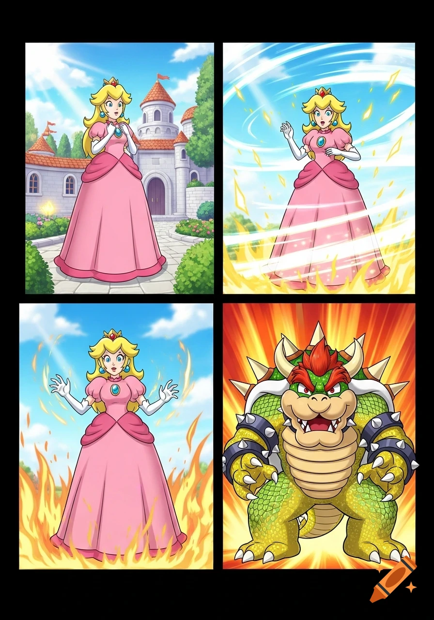 Four panel cartoon comic showing Princess Peach transforming into Bowser, starting from her castle.