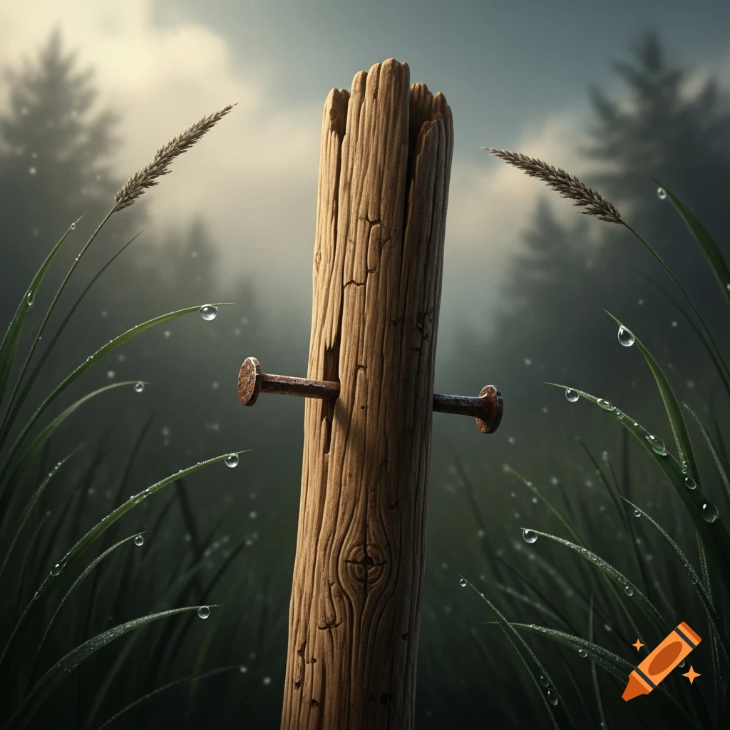 A weathered wooden post with two rusty nails stands in dew-kissed grass, with a misty forest in the background.
