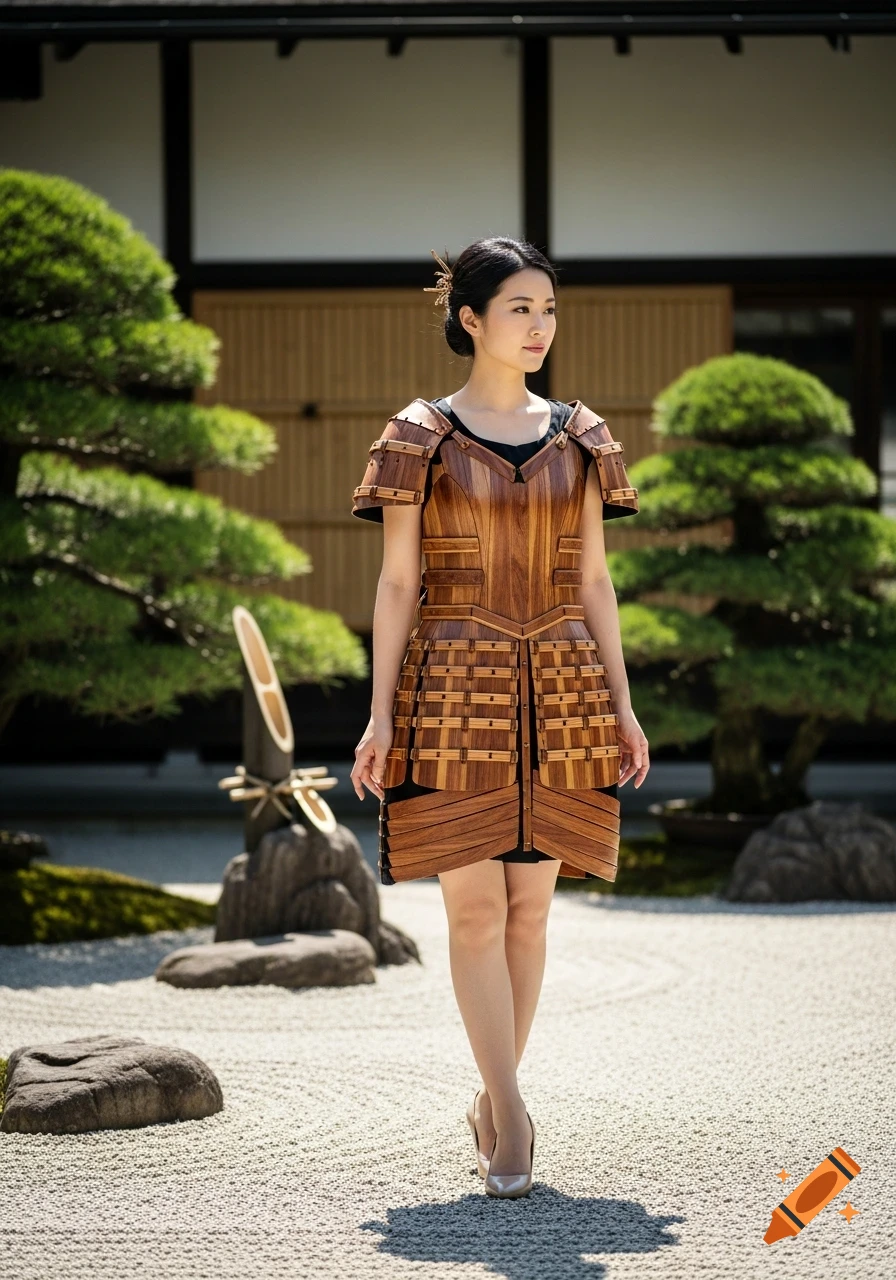 A Japanese woman wearing a dress made of polished wood, styled like plate armor, stands in a serene Japanese garden.