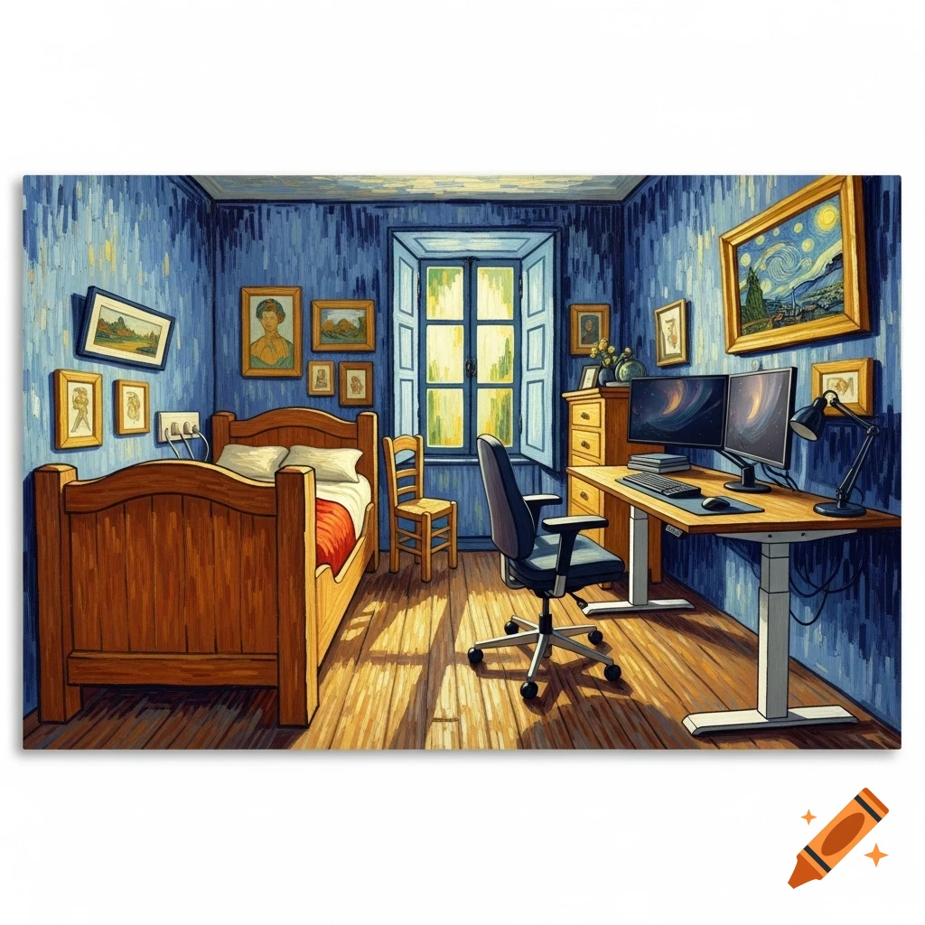 A bedroom and home office in Van Gogh's style, with a wooden bed, blue walls, a window, and a desk with dual monitors.