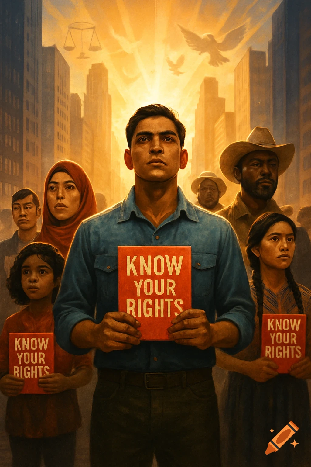 A diverse group of people, including children, holding red books titled "KNOW YOUR RIGHTS" in a city with scales of justice and doves in a painterly style.