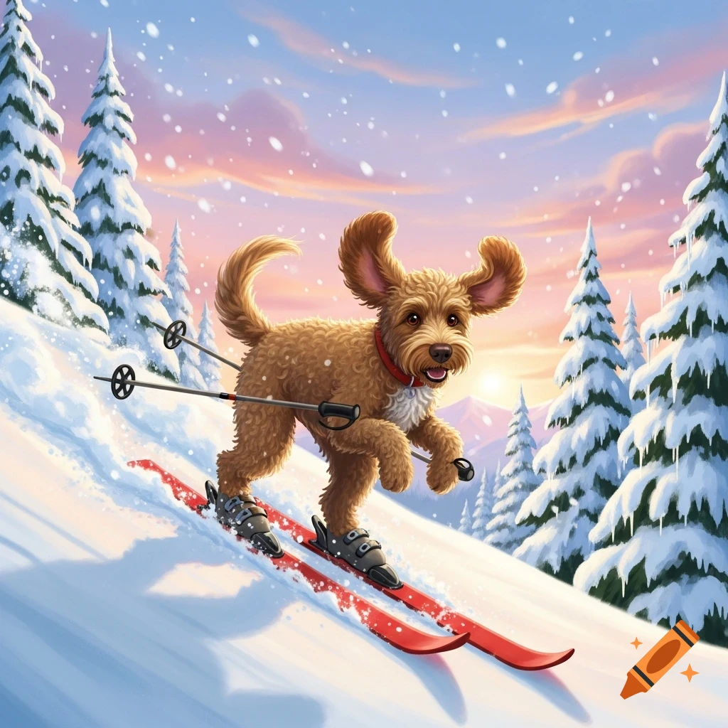 Cartoon illustration of a happy Labradoodle skiing down a snowy mountain slope with pine trees and a sunset.