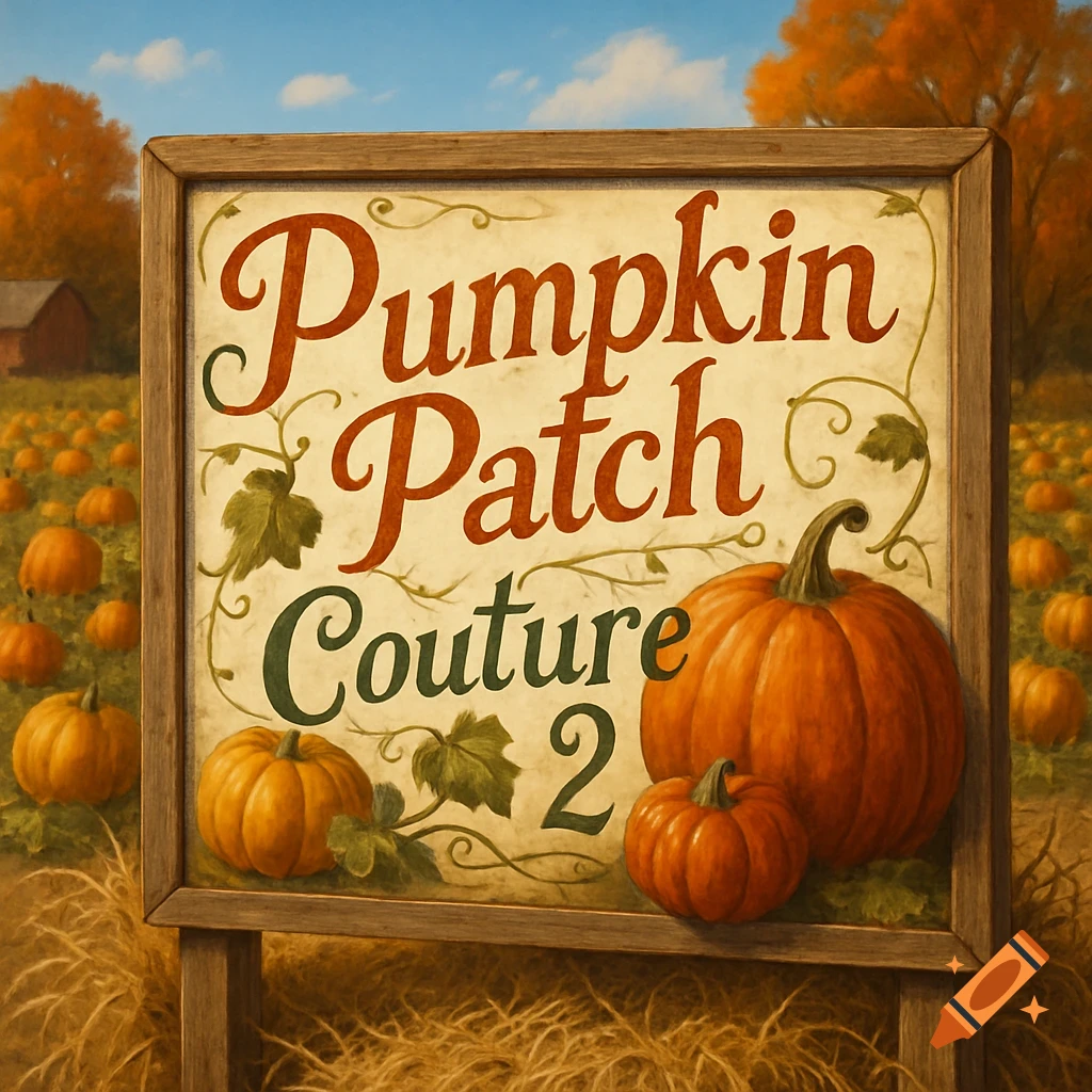 A wooden sign reading "Pumpkin Patch Couture 2" in a field of pumpkins under an autumn sky.