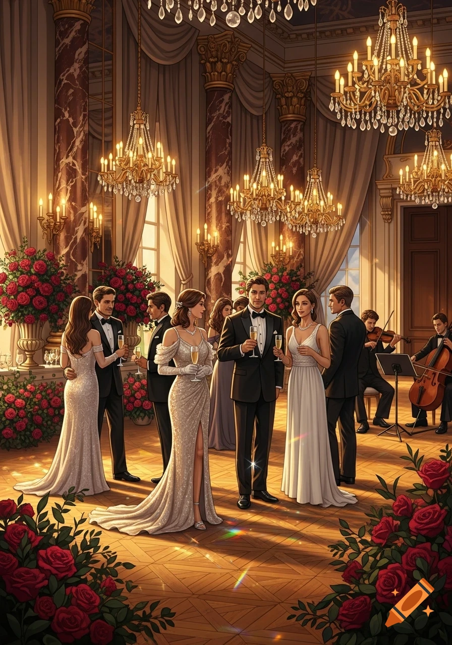Guests in elegant attire mingle at a lavish ball, featuring grand chandeliers, marble columns, and abundant red roses.