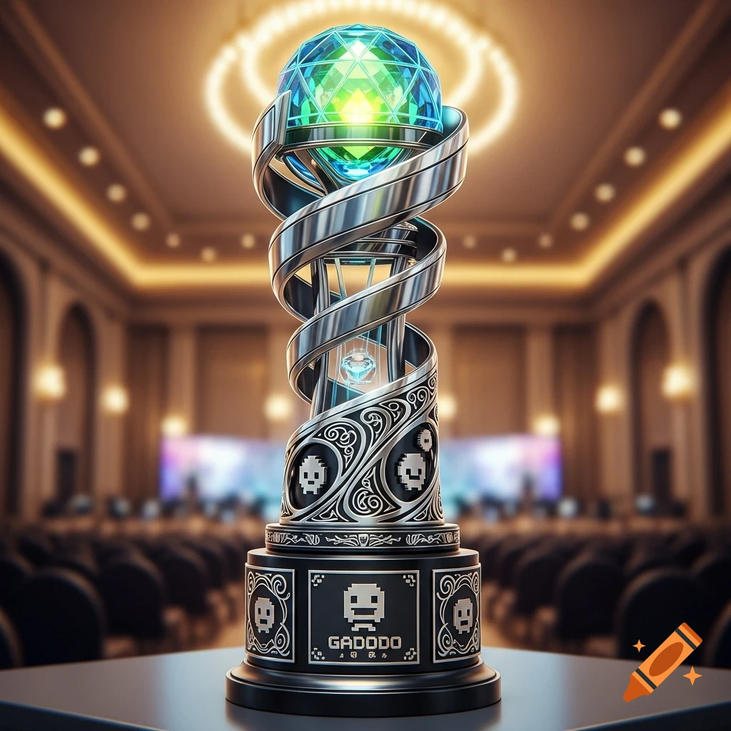 An elegant, futuristic gaming trophy with a glowing faceted crystal globe, silver swirling ribbons, and pixel art skull designs, set in a blurred conference hall.