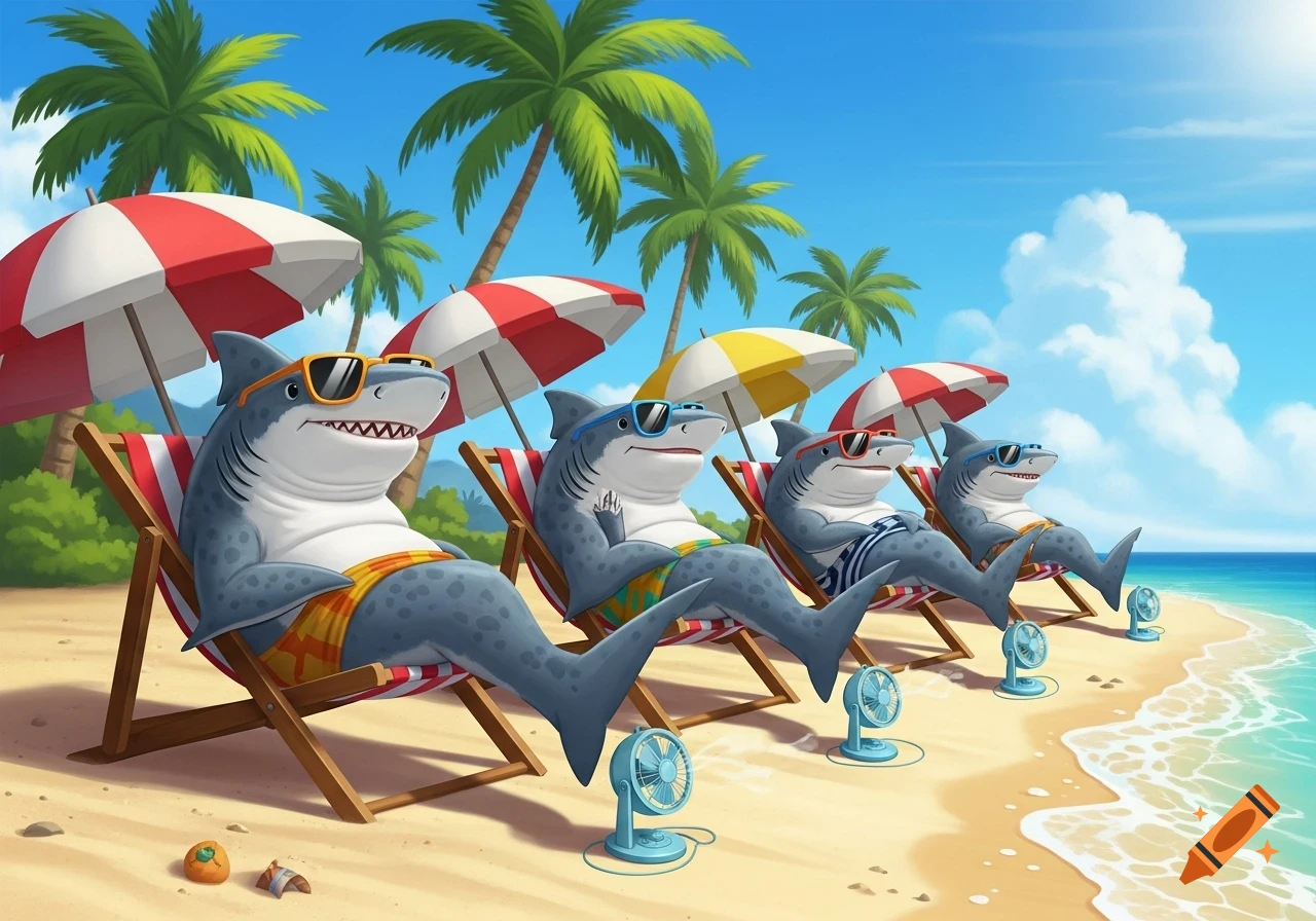 Four cartoon sharks wearing sunglasses relax in beach chairs under colorful umbrellas on a sunny beach.