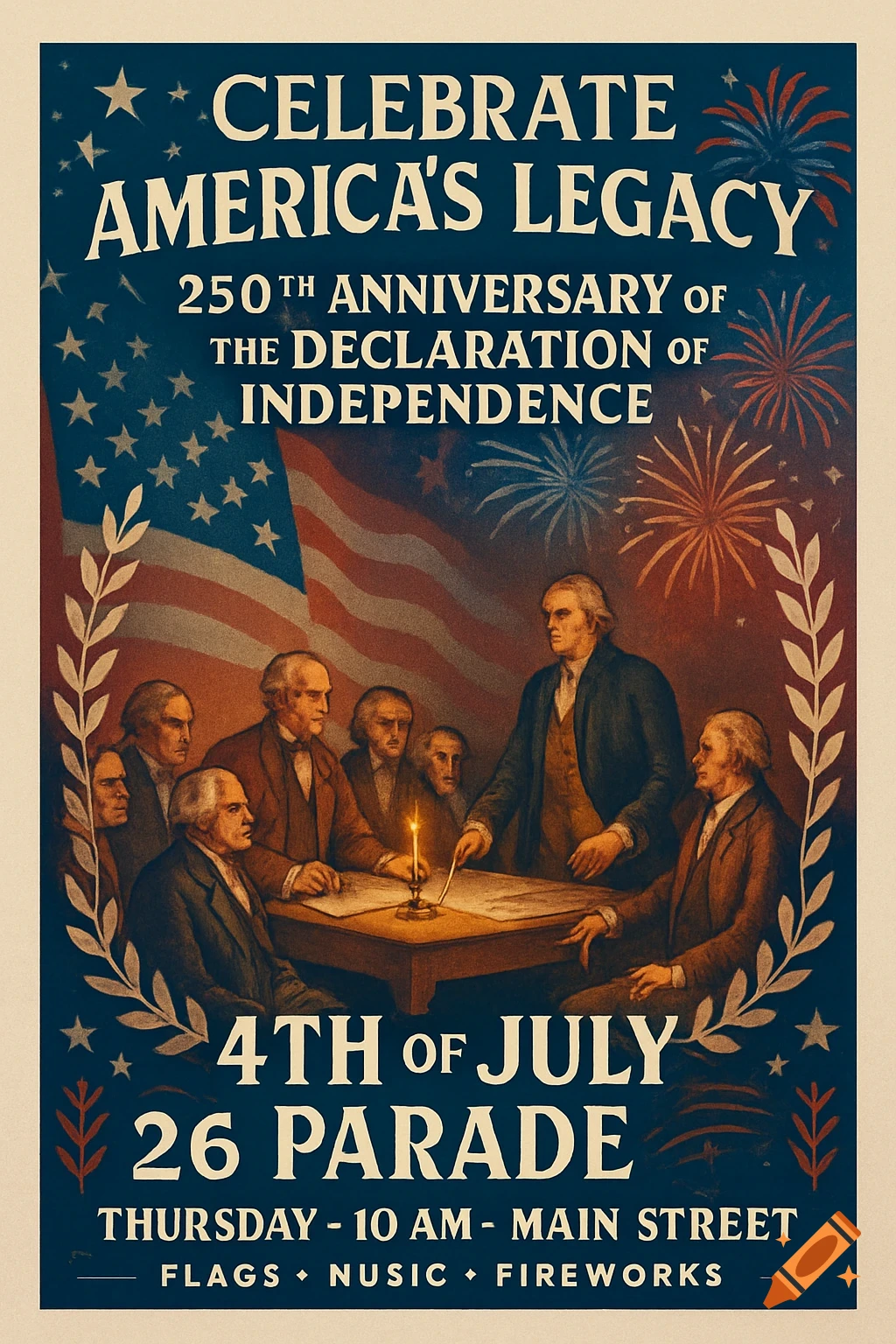 Vintage-style poster celebrating America's 250th anniversary. Founding Fathers gather around a table with an American flag and fireworks in the background.