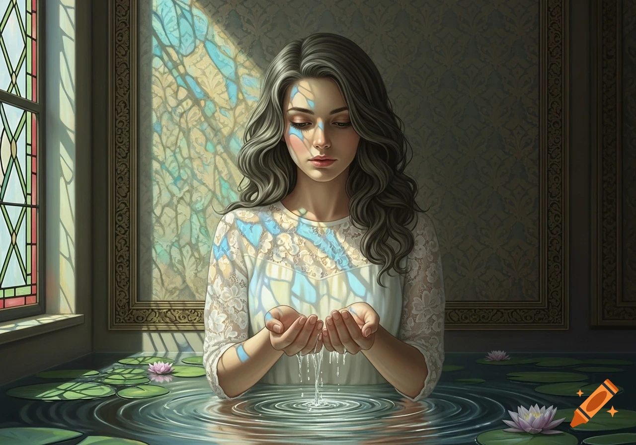 A woman with wavy hair in a white lace dress cups water in a pond with lily pads, bathed in light from a stained glass window.
