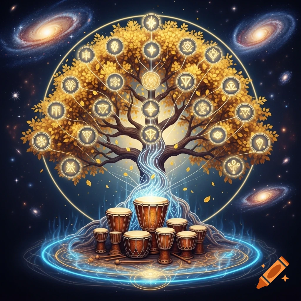 A mystical golden tree of life with glowing symbols on its leaves, rooted above drums with a blue aura, set against a cosmic background.