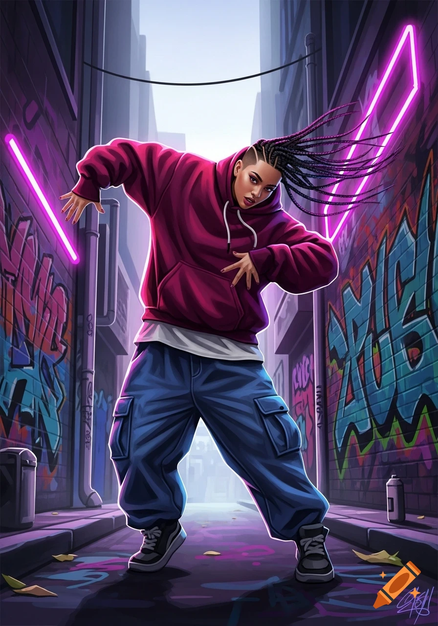 Vibrant stylized illustration of a hip-hop dancer striking a pose in an urban alleyway with graffiti and neon lights.