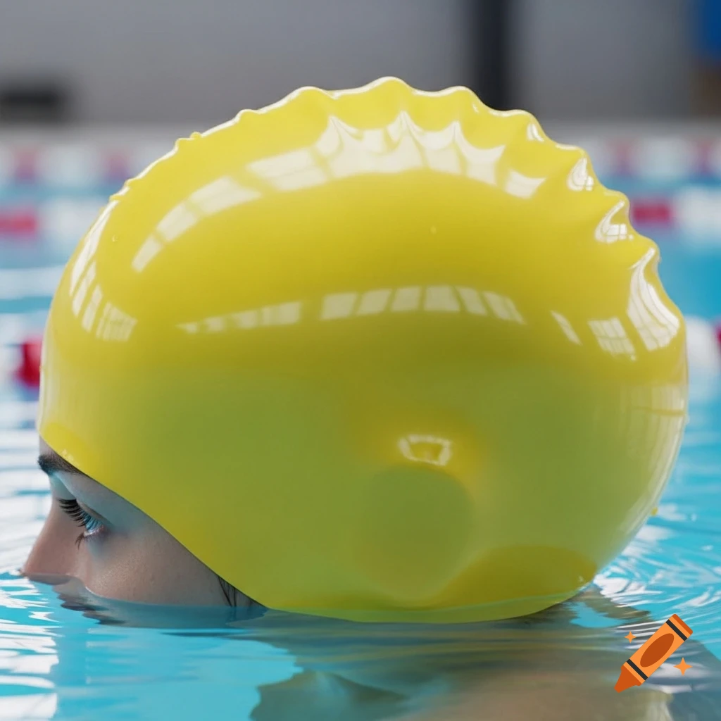Close-up of a person wearing a bright yellow swim cap, with their eyes just above the water in a swimming pool.