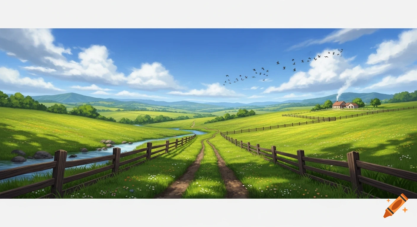 Illustrated vibrant green countryside with a winding dirt road, stream, distant house, and birds under a blue sky.